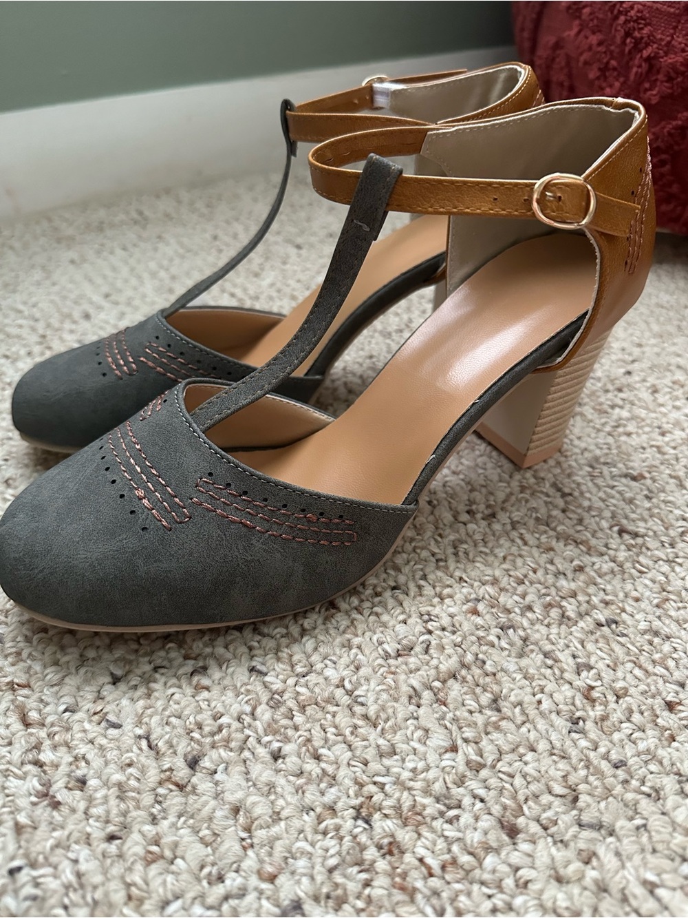 Women's Two-Tone T-Strap Block Heel Pumps - Gray & Tan